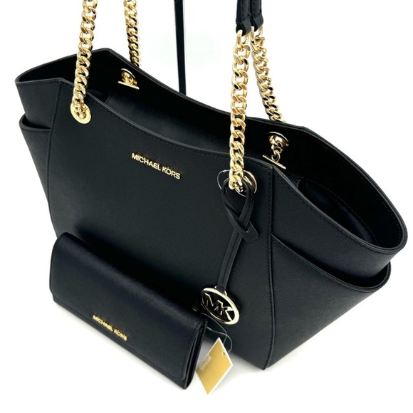 Michael Kors JST Large Chain Shoulder Tote Bag & Trifold Wallet Black/Gold - Picture 6 of 12